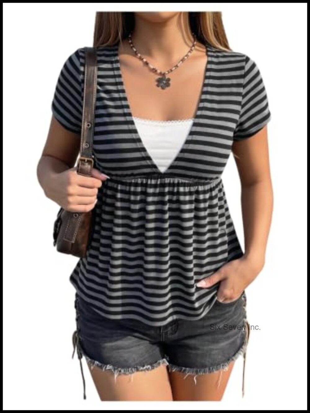 Plus Size Y2K Striped Babydoll Peplum Short Sleeve V-Neck Top